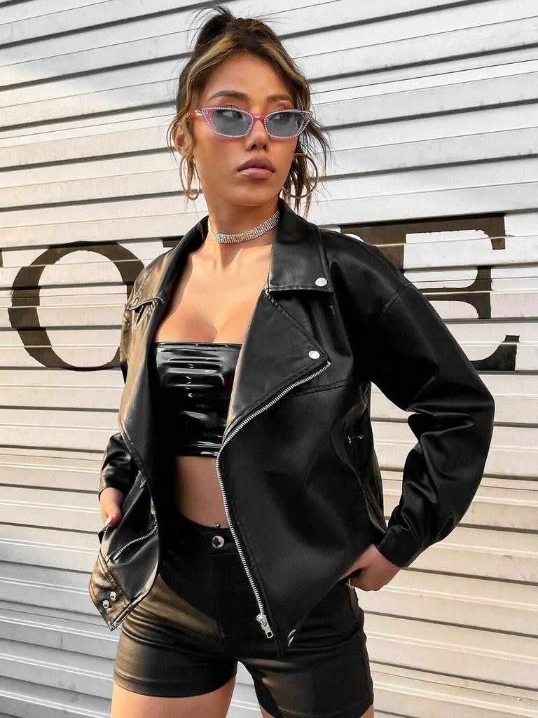 Rose Beauty A Drop Shoulder PU Deri Motosiklet Ceketi