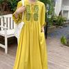 Sommer Vintage Art Lockeres Langes Kleid Langärmliges Besticktes Kleid mit Rundhalsausschnitt