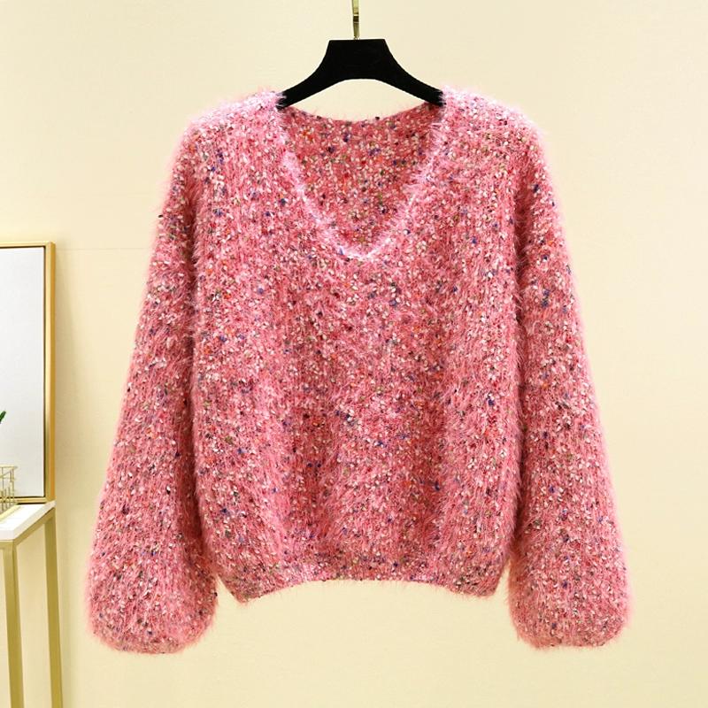 Autumn Winter Women Sweet V-neck Soft Furry Mohair Knitted Sweater Christmas Pullover Tops
