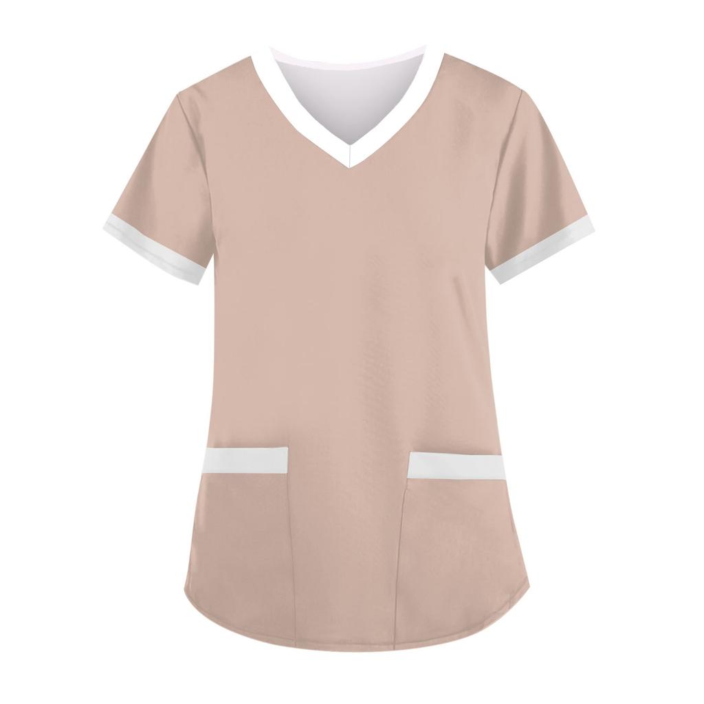 Modische Arbeitskleidung für Damen mit V-Ausschnitt, kurzen Ärmeln und bedruckten Taschen