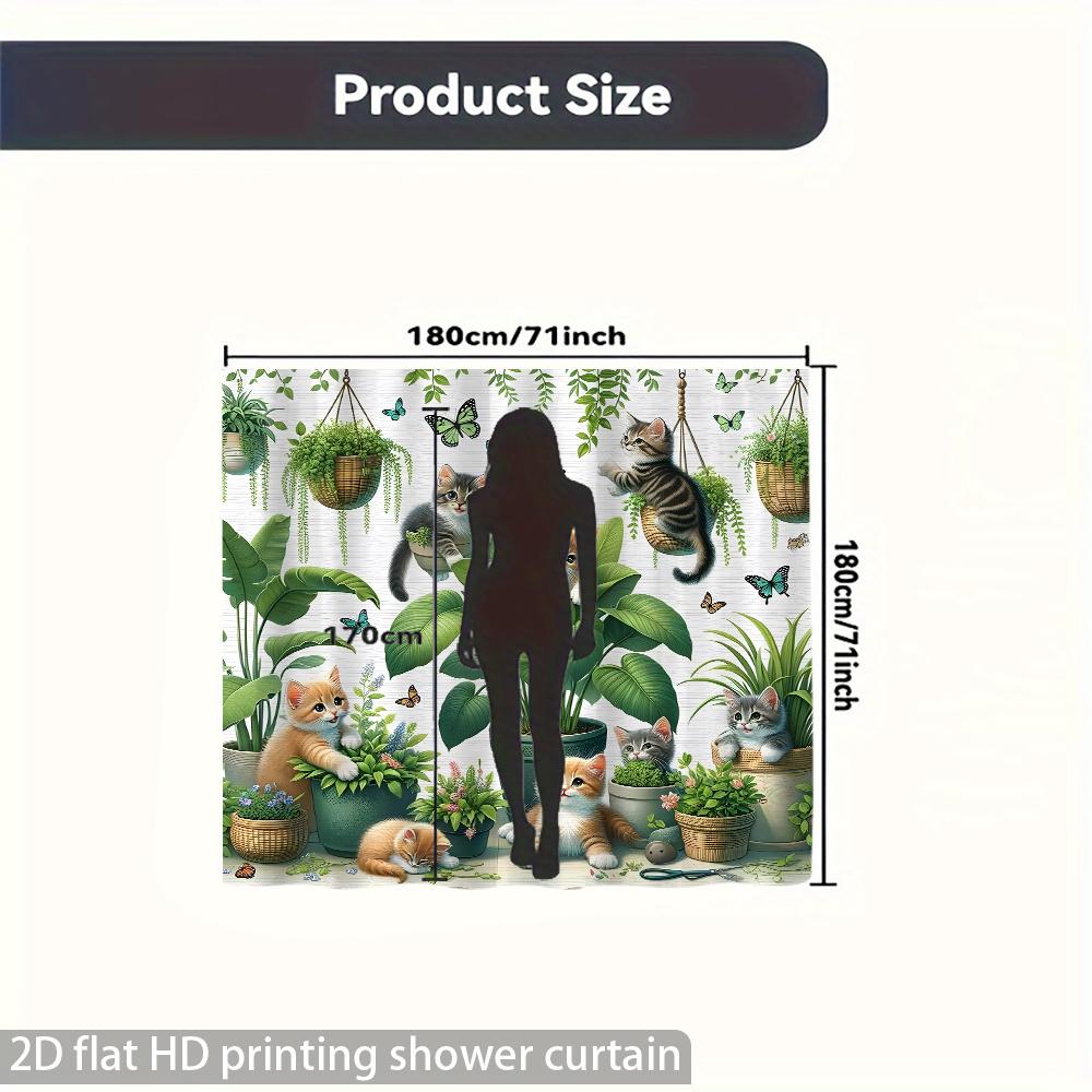 Cute Cat Shower Curtain Adorable Kittens with Plants and Butterflies Waterproof Polyester Bathroom Decor