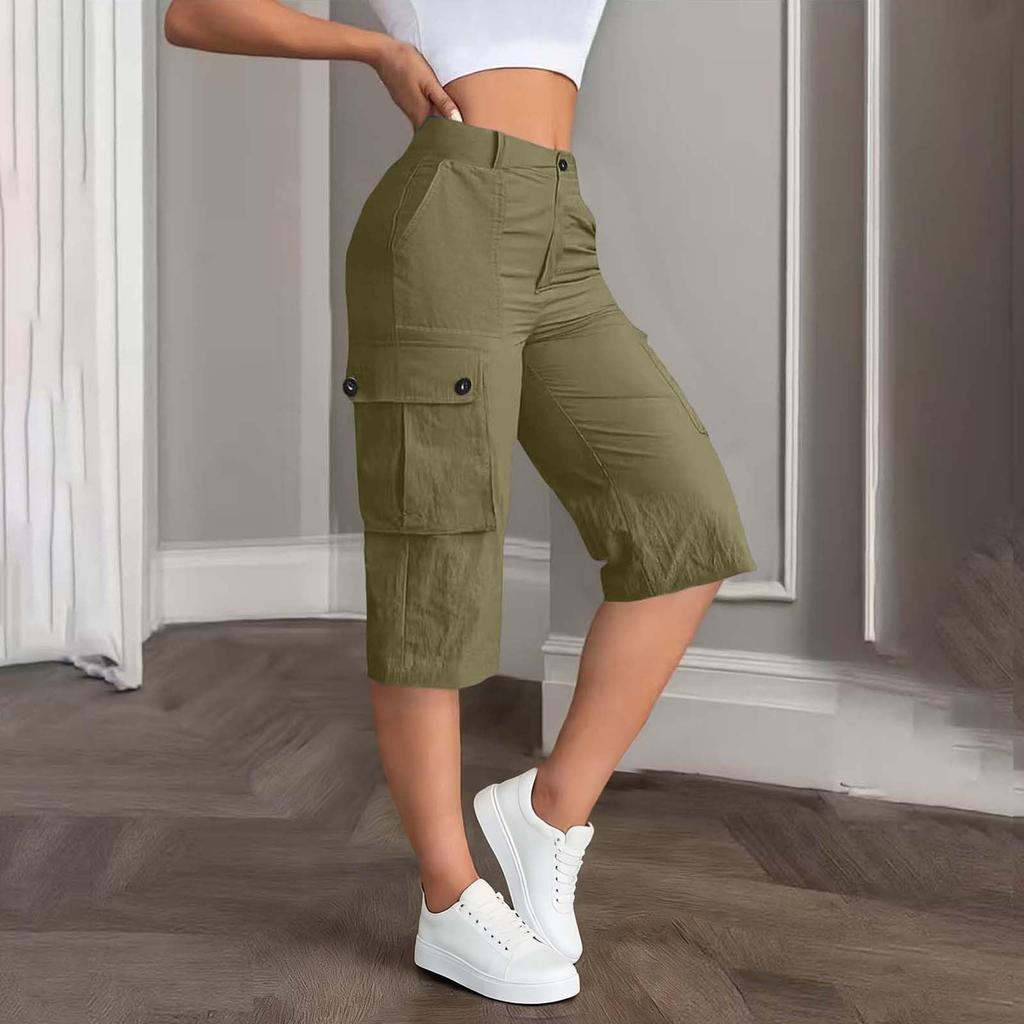 Damen Mid-Waist Relaxed Fit Cargo-Shorts mit elastischem Bund hinten, Knopf- und Reißverschluss, Mehrere Taschen
