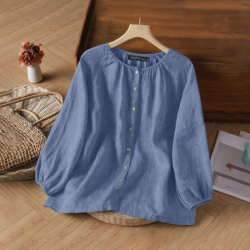 ZANZEA Women Casual Round Neck Solid Color Loose Long Sleeve Blouse