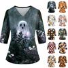 Women's Costume Halloween Printed V-Neck Top with Pockets and Side Slits, 3/4 Sleeves