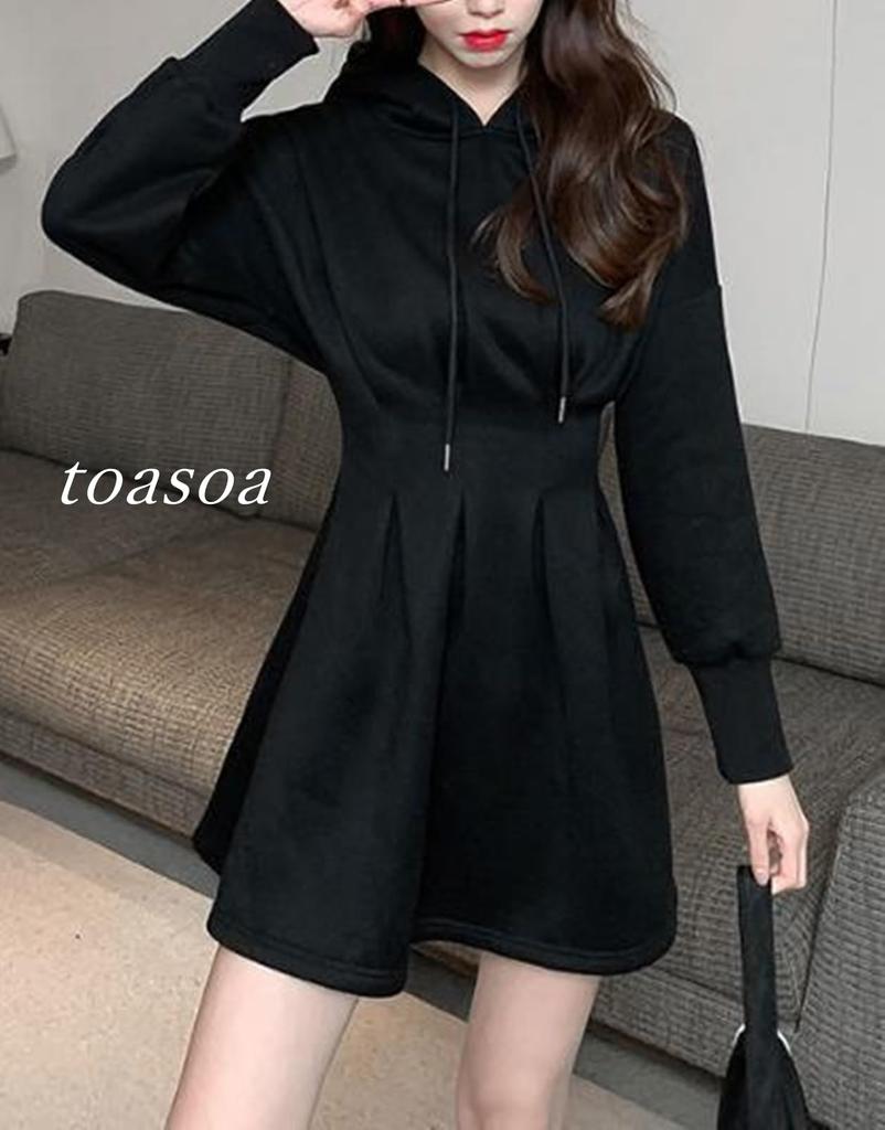 Long Sleeve Mini Dress with Flared Waist 01 [toasoa] Women's (Size - M, Black)