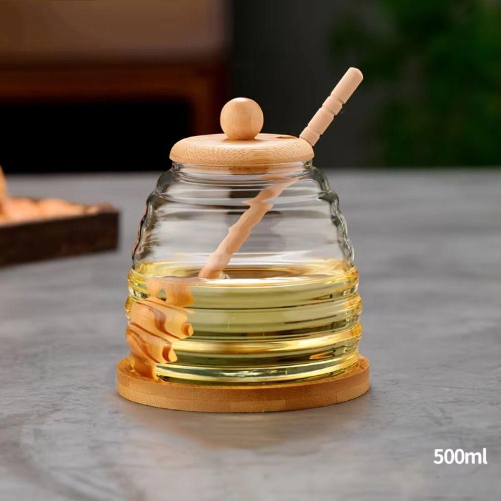 Transparent Glass Honeycomb Tank with Dipper and Lid Large Capacity Honey Storage Container Elegant Easy To Clean Honey Bottle