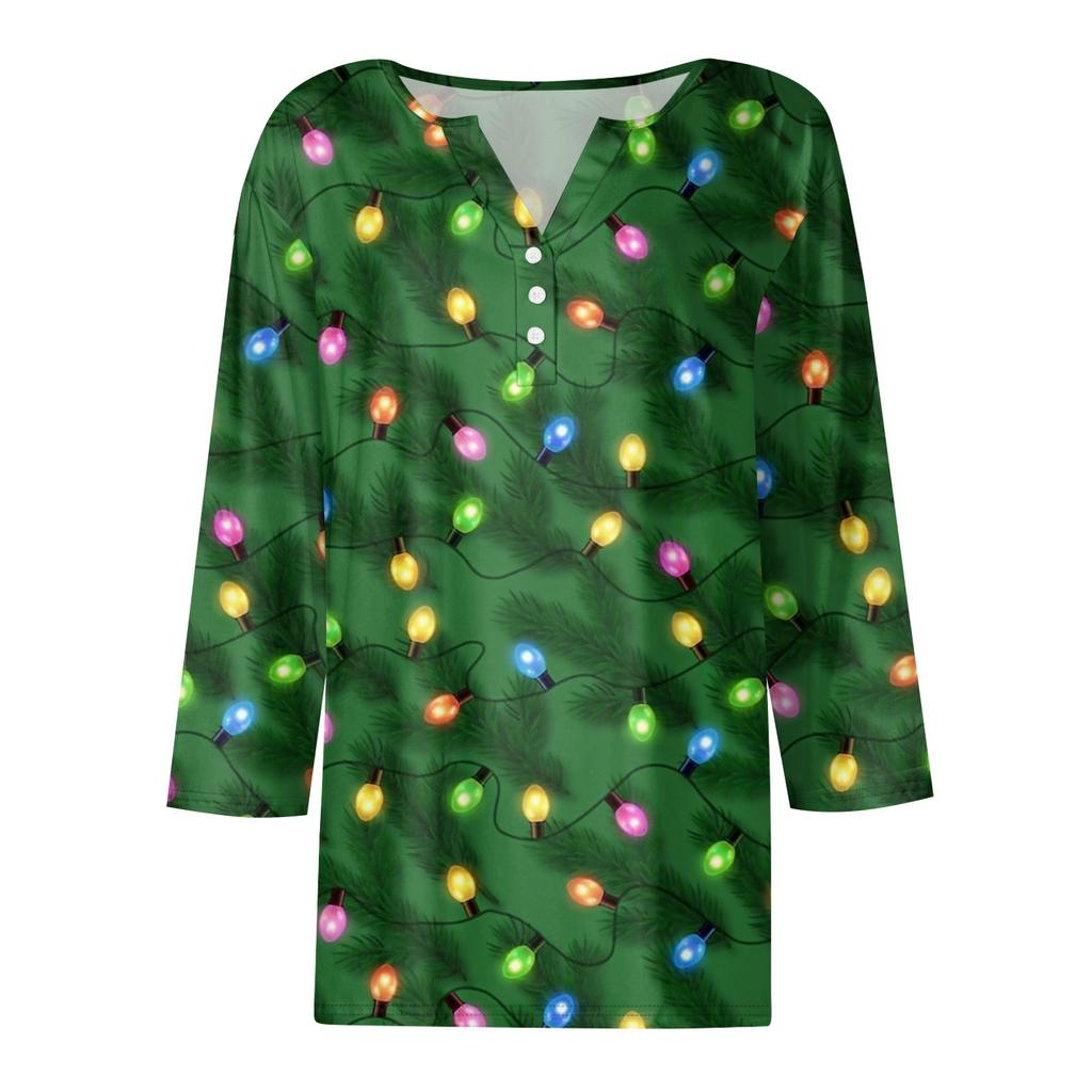Women's T Shirt Tee Christmas Print Button 3/4 Sleeve Daily Weekend Fashion Basic V Neck Regular Top