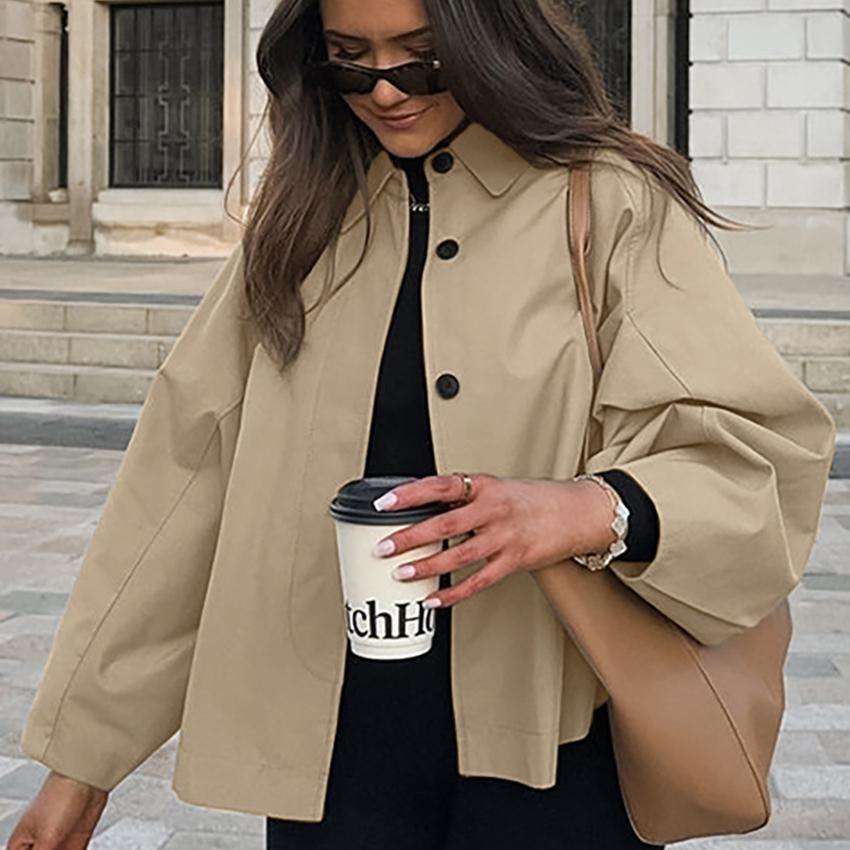 Autumn and Winter New French Style Workwear Trenchcoat Khaki Lapel Fashionable Loose Mid-length Coat Women's Clothing