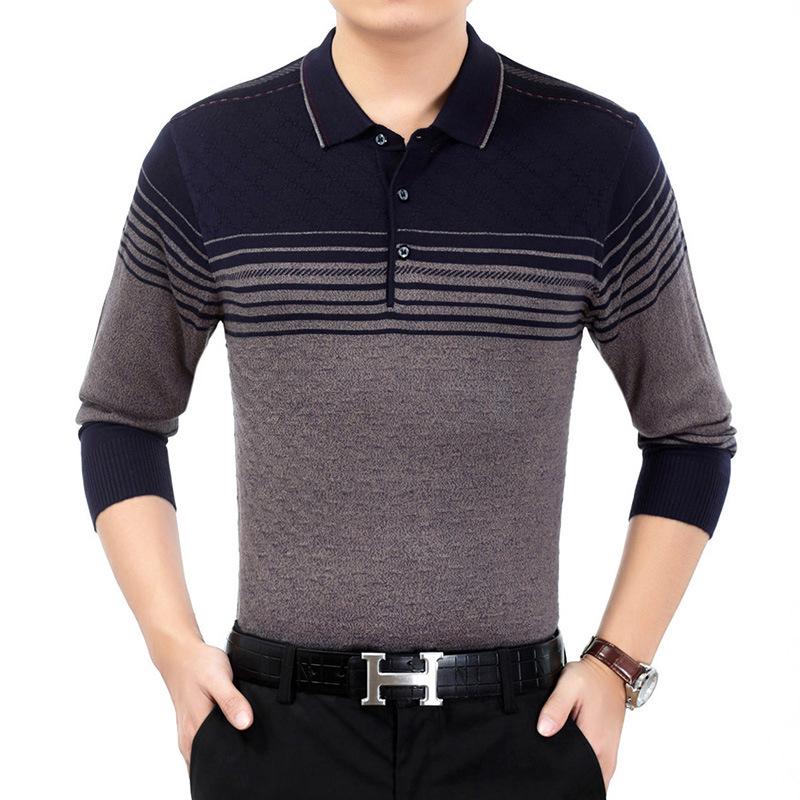 

Мужская полосатая футболка с длинным рукавом на весну 2018 года, повседневная, для мужчин среднего и пожилого возраста S верблюд