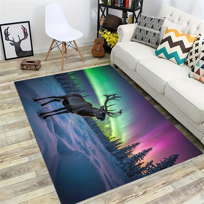 Nordlichter Rentier Bereichsteppich, Nordlichter Schneebedeckte Berglandschaft Fußmatte, Rutschfester Teppich für Wohnzimmer Schlafzimmer Heimdekoration