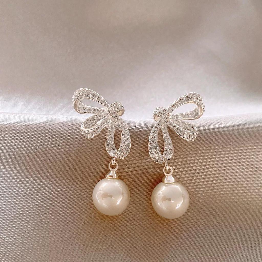 Silver Zirconia Bow Pearl Earrings for Women - Elegant French-Inspired Studs