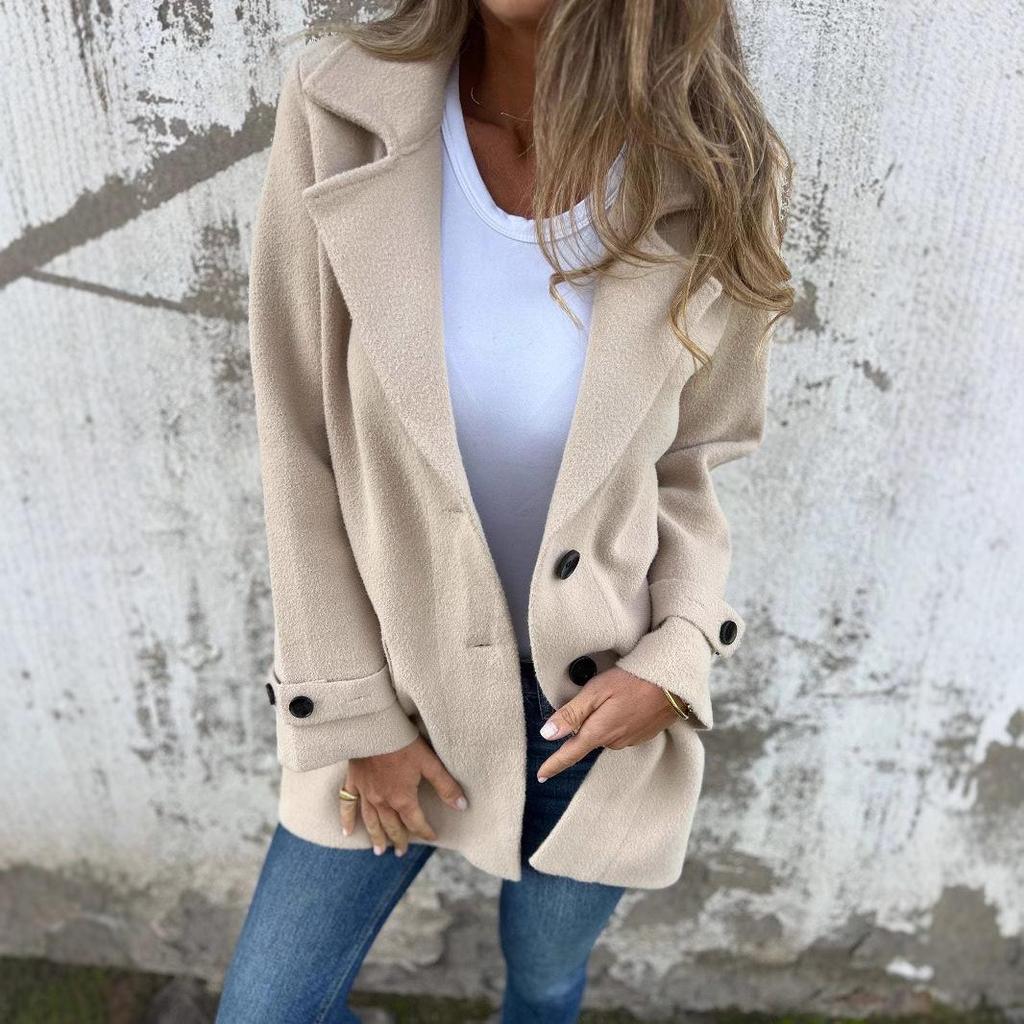 European & American Women's Woolen Coat: Casual Autumn/Winter Lapel Cardigan with Faux Pockets