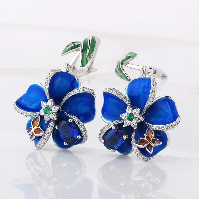 Buyee 925 Sterling Silver Big Clip Earring Elegant Blue Enamel Flower Earring for Woman Girl Wedding Fine Jewelry Earring