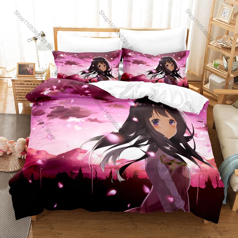 Cool Hyouka Bedding Set Duvet Cover + 2 Pillowcases Chitanda Eru Oreki Houtarou School Mystery Anime Bedroom Decor Kawaii Cute G