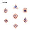 7 Pcs  Copper Blue Metal Dice Circular Hollow Metal Polyhedral Dice Set Suitable for Role-Playing RPG  Board Game Card Game