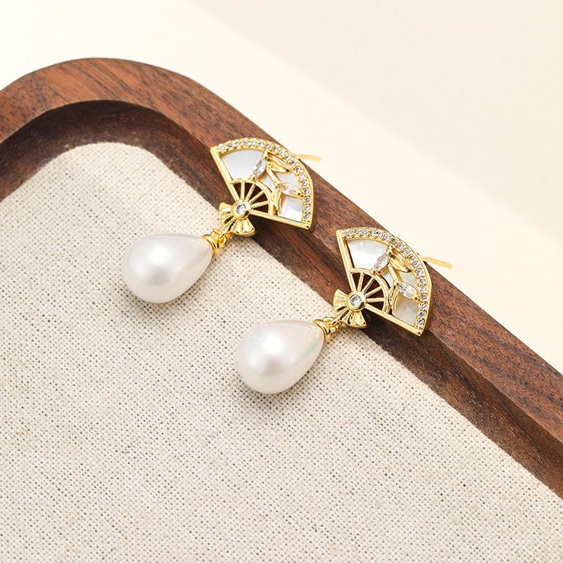 

14k Gold-Plated Mother of Pearl Earrings with Zircon, Traditional Qipao Style