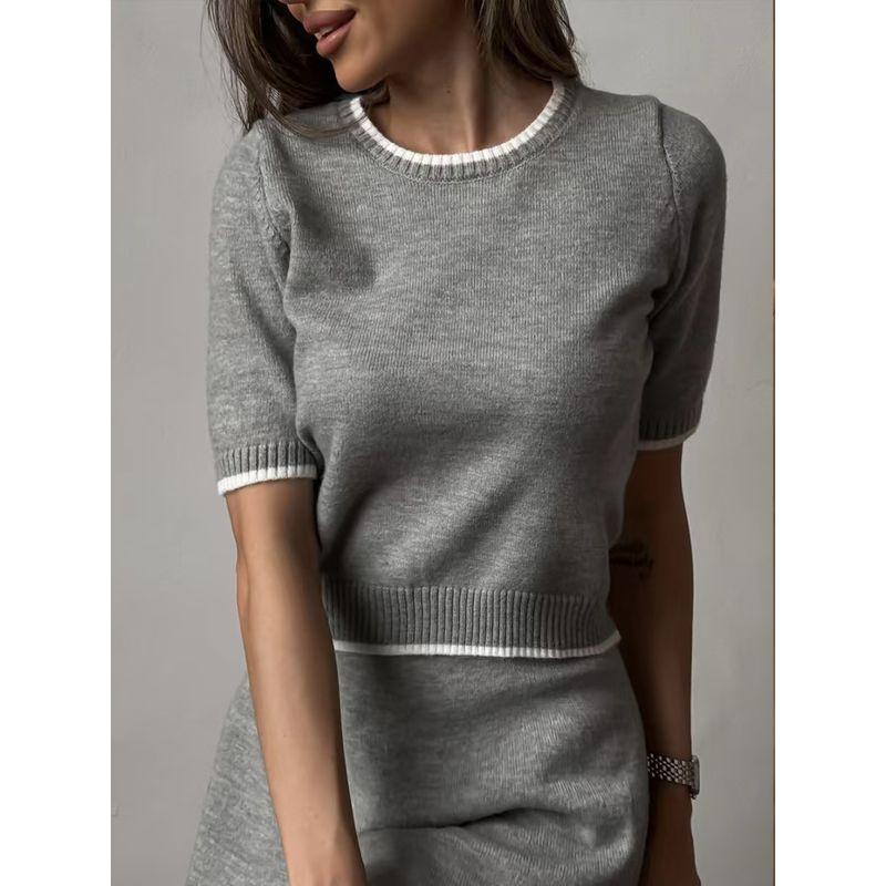 

Fashion Fashion Knitted Cardigan Top Short Sleeve Skirt Three-Piece Knitted Three Piece Set Grey (short sleeve + skirt) L/XL