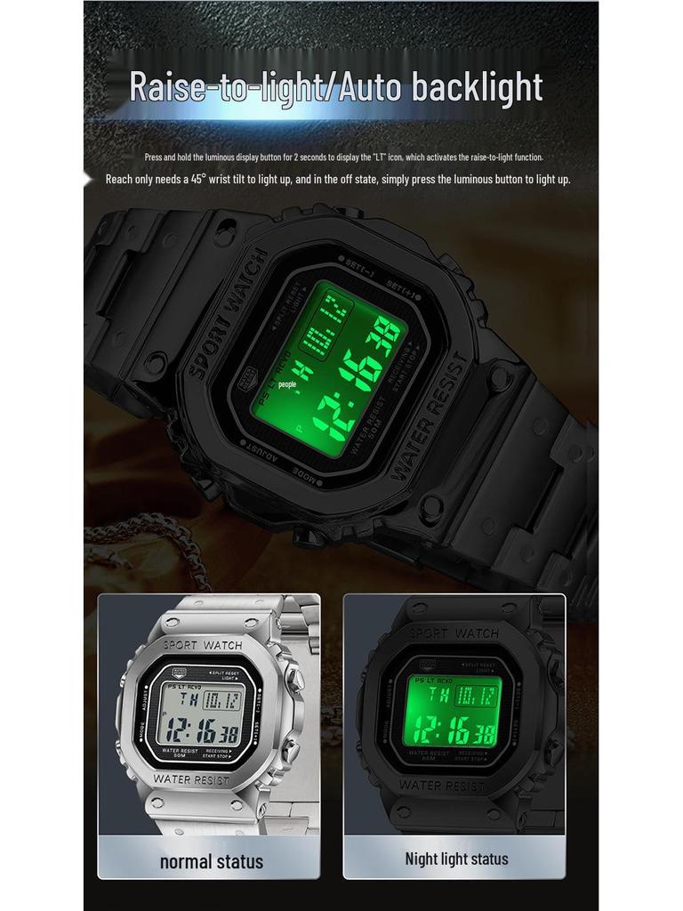 Sanda Men's Square Waterproof Electronic Watch with Fashionable Light and Alarm Clock.