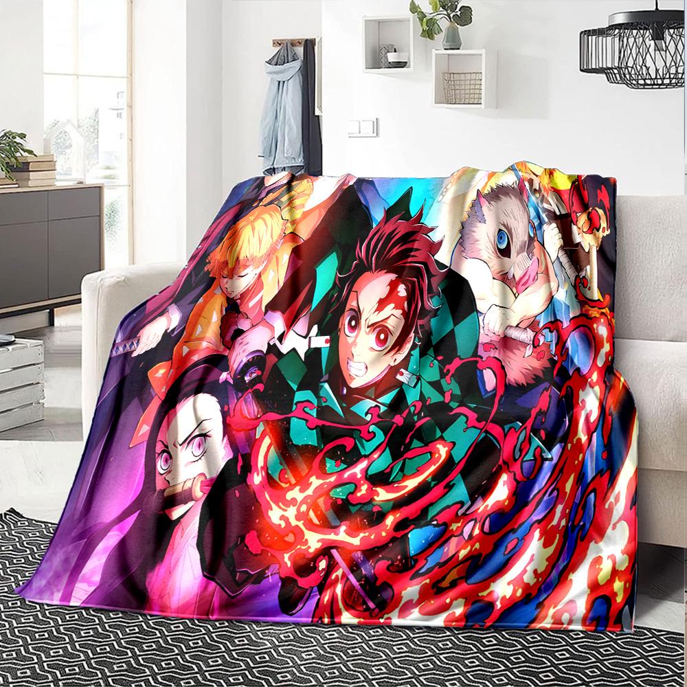 Powerful Demon Anime Flannel Blanket, Soft Polyester, Modern Design, All-Season for Camping, Travel, Gifts for holidays or birthdays