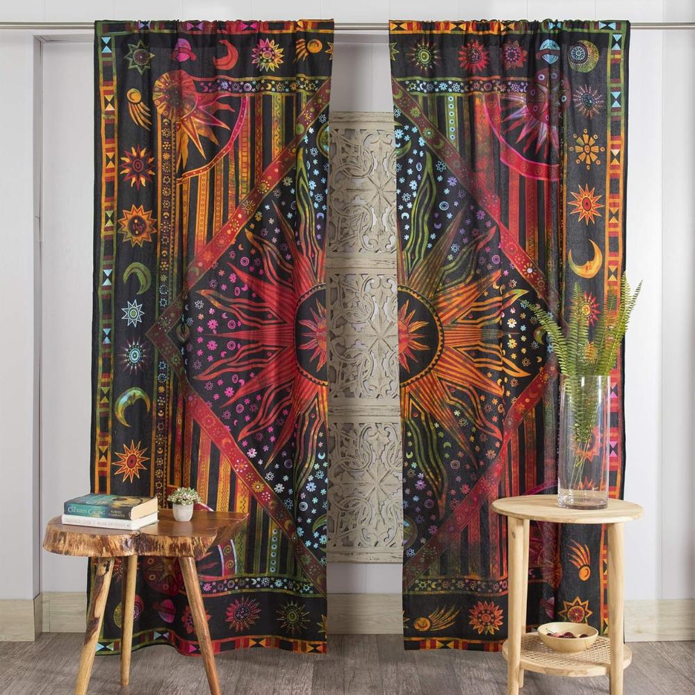 

Bless International Beautiful Indian Bohemian Psychedelic Hippie Burning Sun Window Curtain Panels for Bedroom, Living, Balcony (Golden Tie Dye) 25 W x 74 L (Pack of 2)