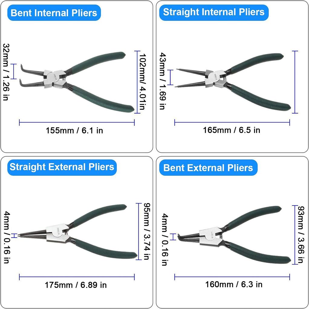 4pcs 7" Snap Ring Pliers Set Circlip Pliers Kit with Straight/Bent Jaw for Ring Remover Retaining and Remove Hoses Gaskets