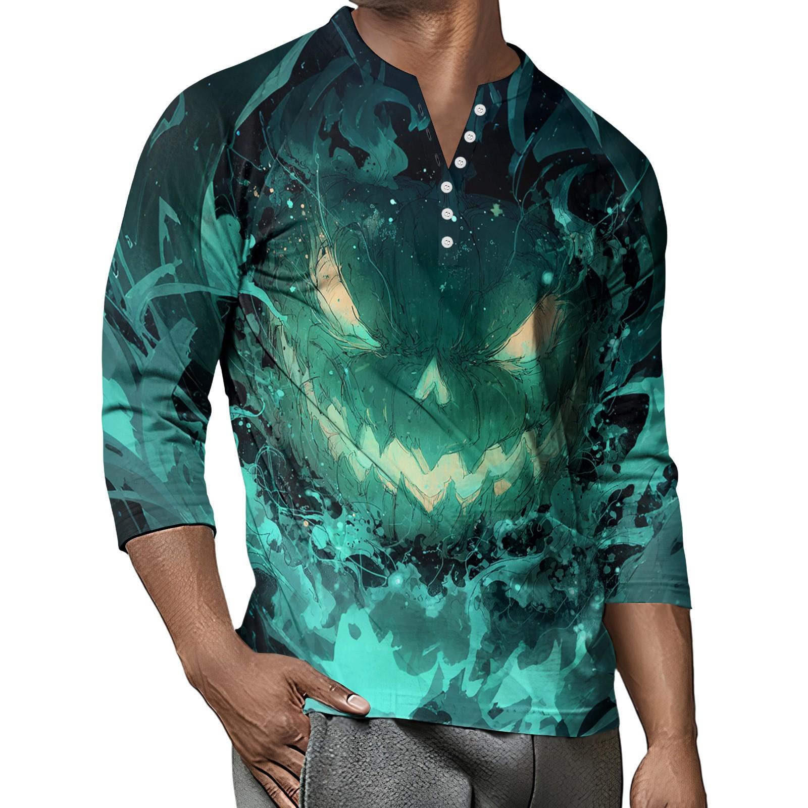 

Мужской контрастный топ реглан на пуговицах с рукавом 3/4 L зелёный