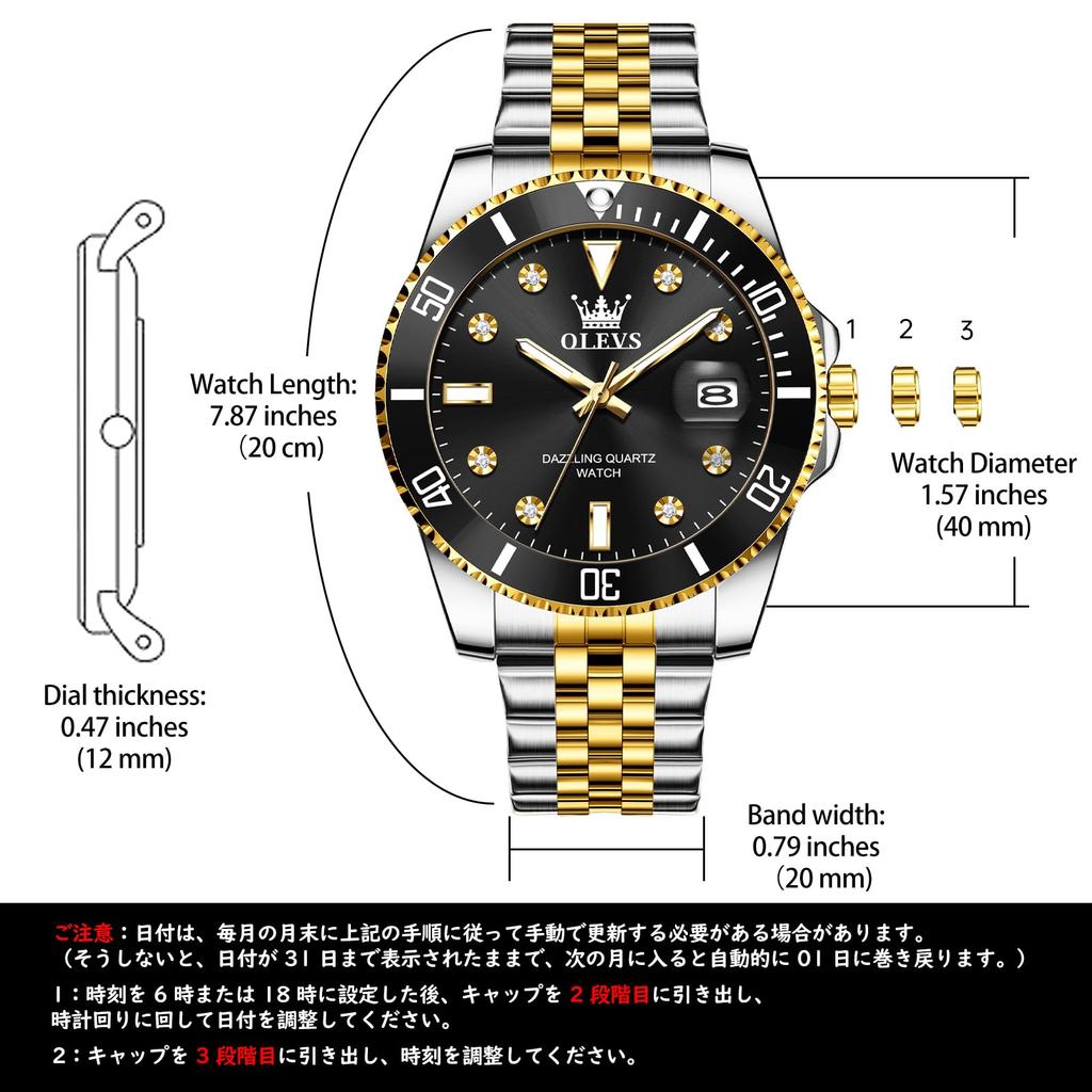 OLEVS Unidirectional Rotating Bezel Gold and Popular Waterproof Analog Quartz Black Stylish Stainless Steel Watch with Date Simple Large Perfect for