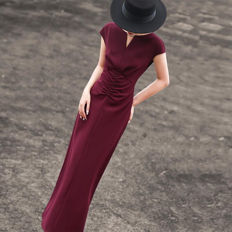 Lanseer Elegant Pleated Slit A-Line Midi Dress L