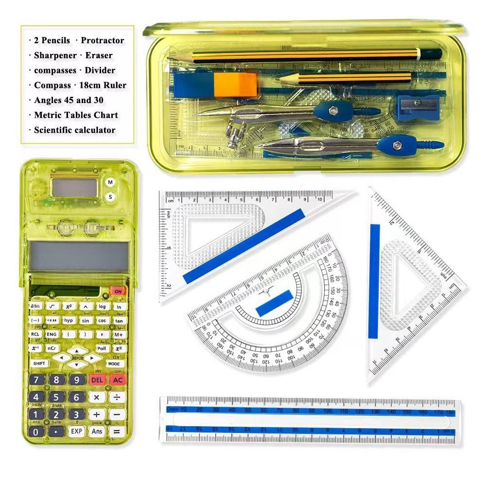 

With Protractor Compasses Stationery Kit 2-Line Display Function Calculator School Office Supplies жовтий