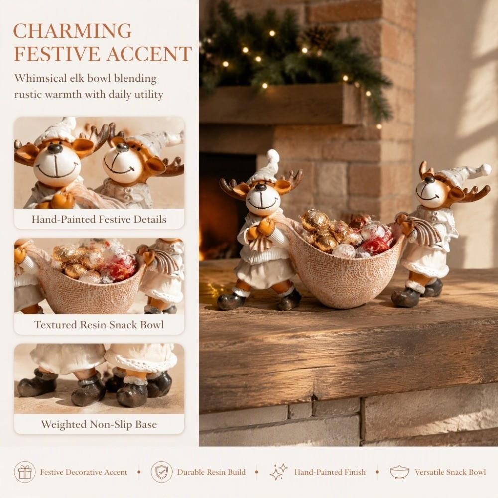Resin Xmas Elk Decorative Bowl Cute Reindeer Ornament Jewelry Storage Tray Home Decoration