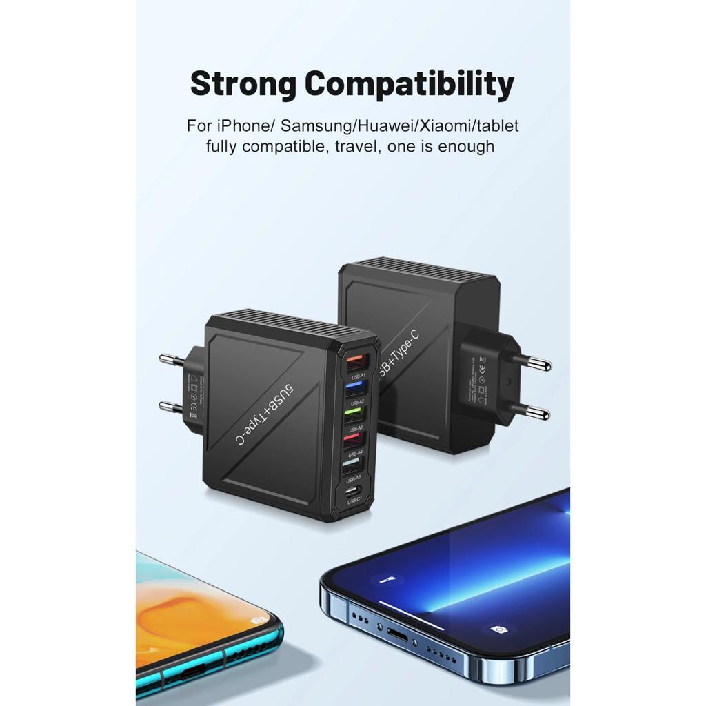 15W USB Type C Charger 6 Ports PD Fast Charge Adapter Quick Charge3.0 for IPhone Samsung Xiaomi Huawei Mobile Phone Wall Charger