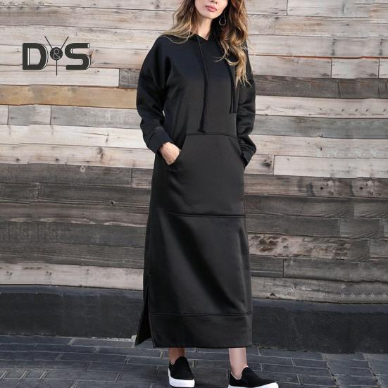 Kvinner Høst Vinter Ensfarget sweatshirtkjole Hette med snøring Langermet frontlomme sidesplitt maxikjole