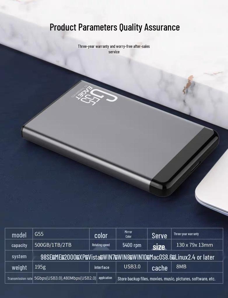 Eaget G55 2.5-inch Portable External Hard Drive, 1TB High-Speed USB 3.0 for Computer & Mobile Phone