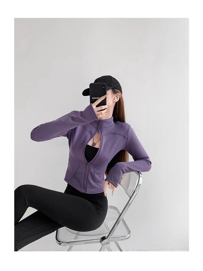 Women's Velvet Plus Long Sleeve Fitness Jacket - Slimming Stand Collar Yoga Top