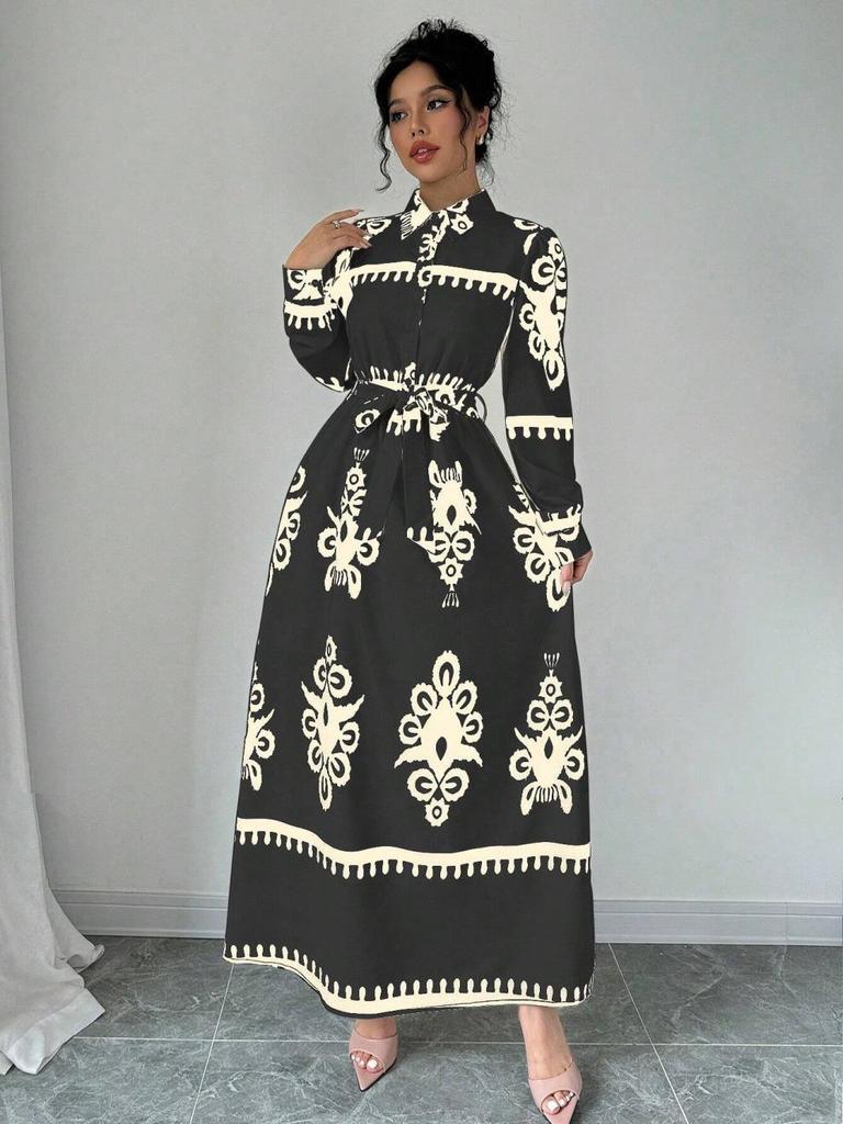 Live Shot 2025 European and American Fashion Long Sleeve Waist-Gathering Print Shirt Dress