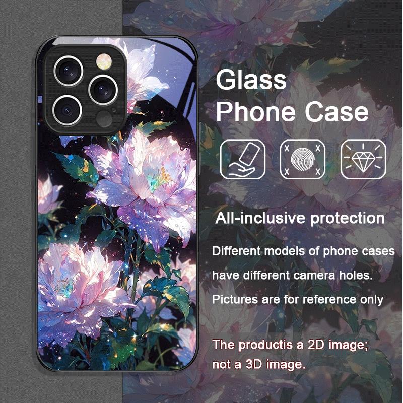 Elegante Custodia in Vetro Temperato con Motivo Floreale di Peonia Bianca per iPhone 17 16 Pro Max 15 14 13 12 11 Mini XS XR 7 8 14Plus Cover