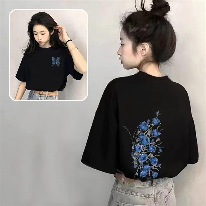 Women Rose Print T-Shirt Casual Short Sleeve Tee