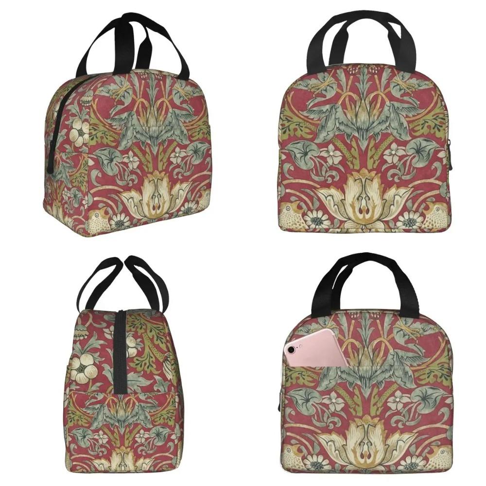 William Morris Strawberry Thief Rood Geïsoleerde Lunchtas voor Dames Kantoor Koeltas Thermische Voedseldoos Tote LekkendLunchboxenContainer