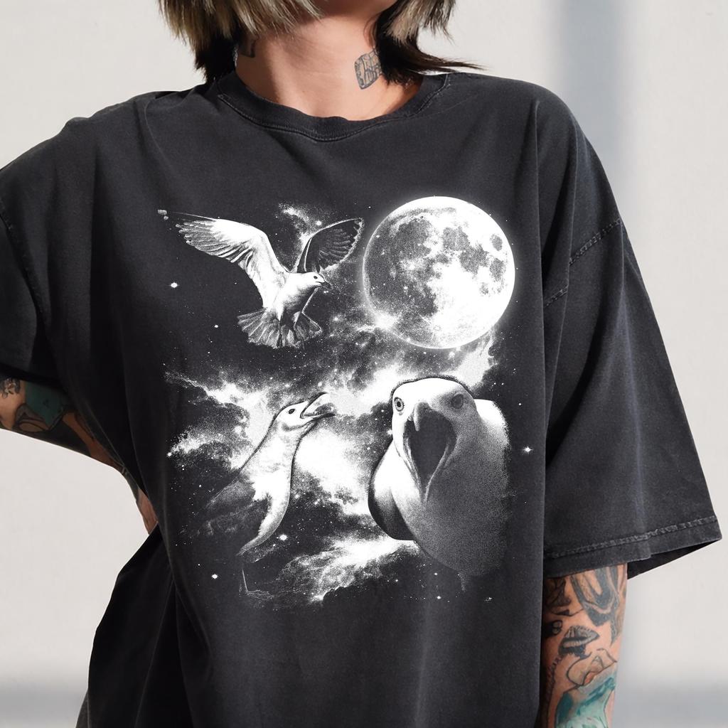 Vintage Seagull Moon Graphic Tee, Retro 90s Bird Apparel, Ocean Lover Summer Top
