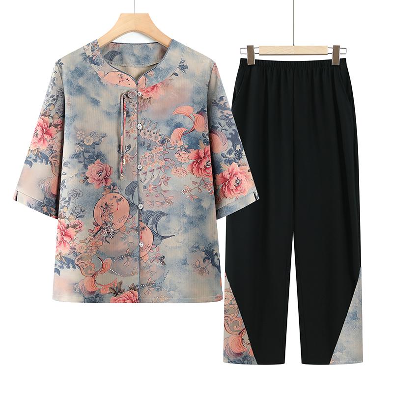 

Mom s 2026 Chinese Style Summer Set: Seven-Sleeve Shirt & Pants for Middle-Aged and Elderly Women 2XL (suggested 105-120 jin)
