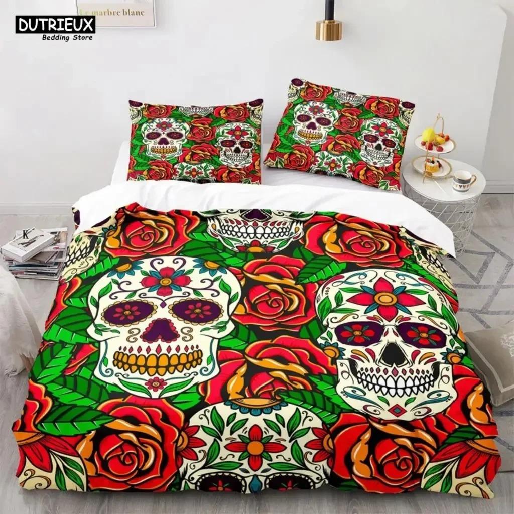 Skeleton Skull Bedding Set Queen King Full Size Duvet Cover Set With Pillowcases Rose Flower Bed Linen For Adults Teens