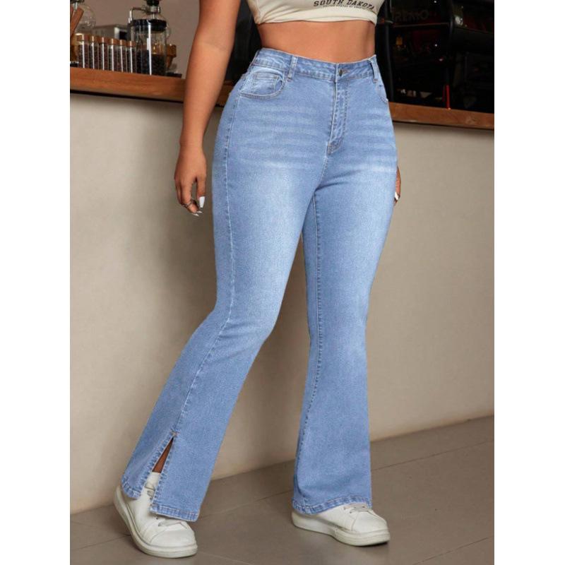 Women's Plus Size High-Waisted Flared Jeans with Slit Hem