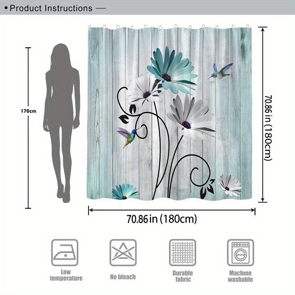 1 Hummingbird Floral Shower Curtain-Vivid white and light blue flowers with black swirling vines, 70x70 inches, polyester fabric