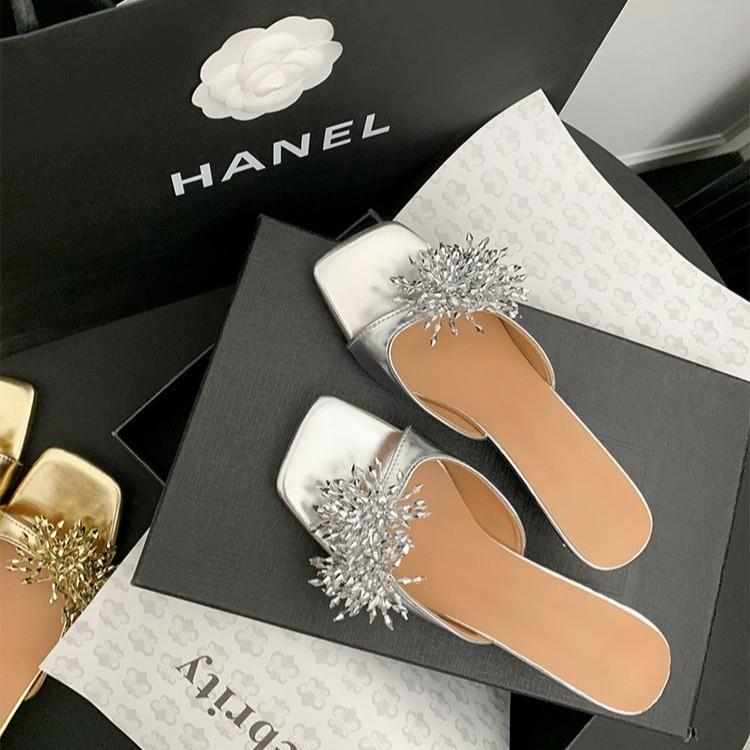 

Rhinestone high-heeled cool slippers female summer 2025 new outer wear high-end fairy style with skirt thick heel silver slippers 35