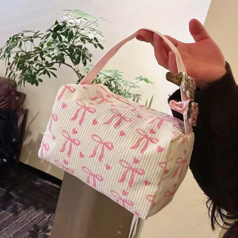 

Corduroy Cosmetic Bag For Women Bow Print Large Capacity Zipper Storage Handbag New 2026