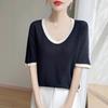 Bamboo-joint Linen Round-neck Contrasting Color Knitted Short-sleeved Summer New Versatile U-neck T-shirt Thin Top