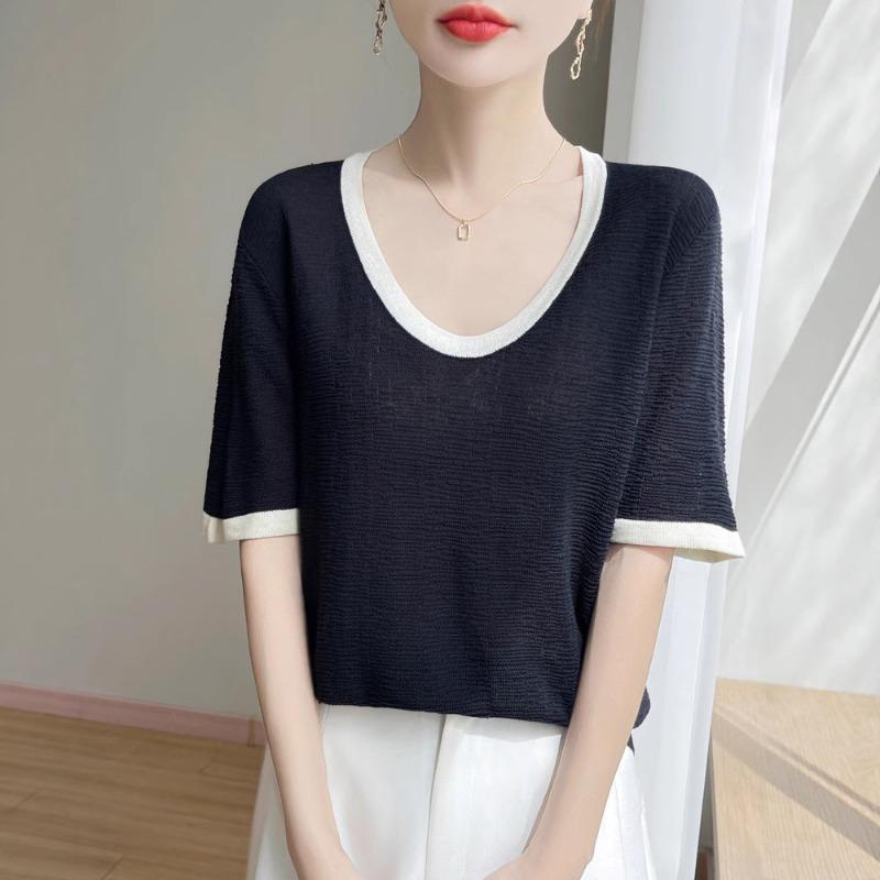 Bamboo-joint Linen Round-neck Contrasting Color Knitted Short-sleeved Summer New Versatile U-neck T-shirt Thin Top