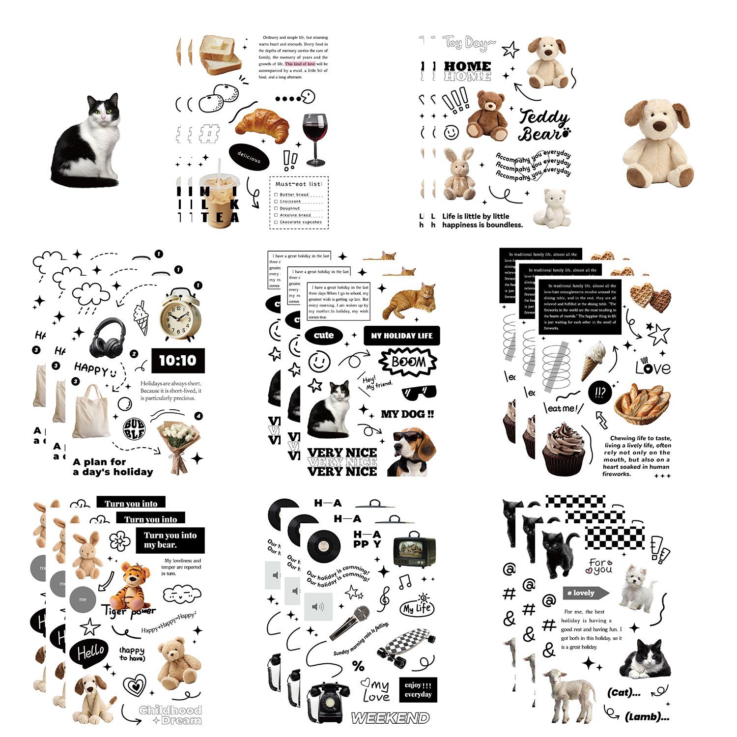 

8 Cartoon Black and White Holiday Collage Hands-on DIY Handbook Mobile Phone Case Laptop Decoration Waterproof