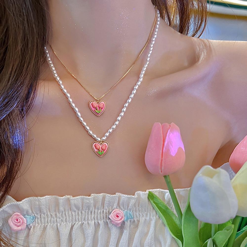 Temperament Tulip Chain Necklace Asymmetric Imitation Pearl Necklace Simple Tulip Earrings Gift
