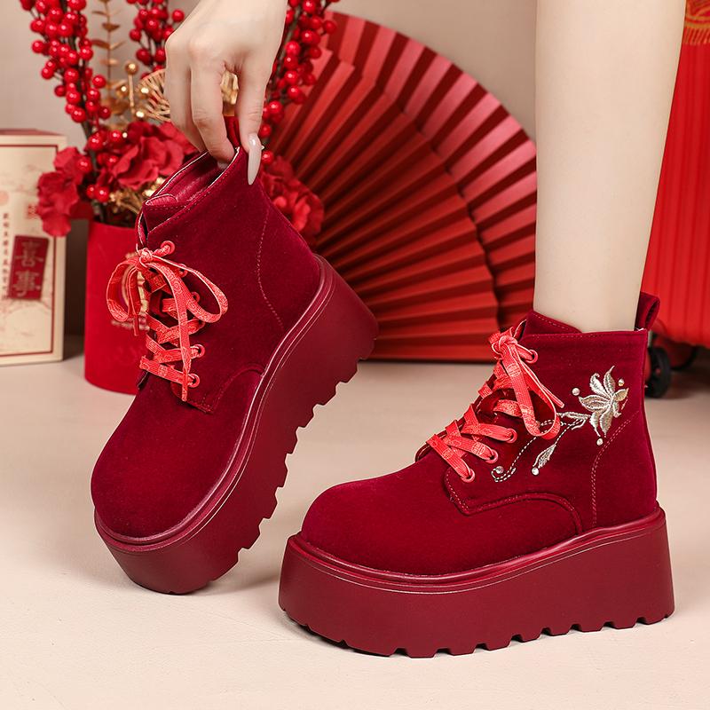 

Platform Booties Fall Winter New Round Toe Suede Lace-Up Fleece Thickened Soft Sole Landslide-proof Wedding Shoes 35 красный